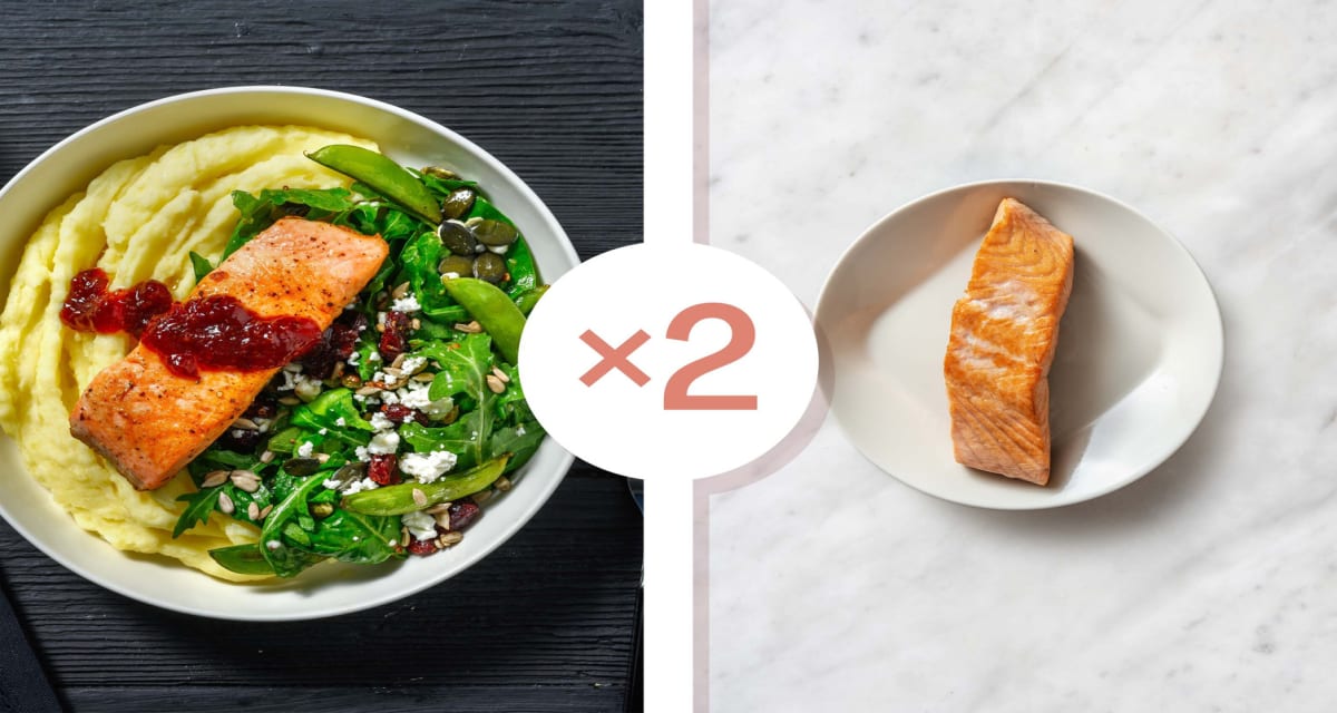 Cranberry Glazed Double Salmon with Garlic Mashed Potatoes and Snap Pea Salad-image