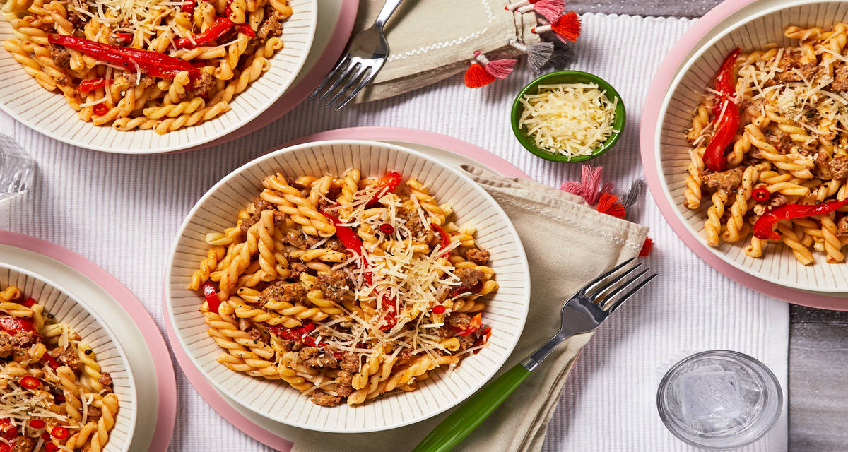 Sausage and Roasted Red Pepper Pasta with Creamy Parmesan-Garlic Tomato Sauce
