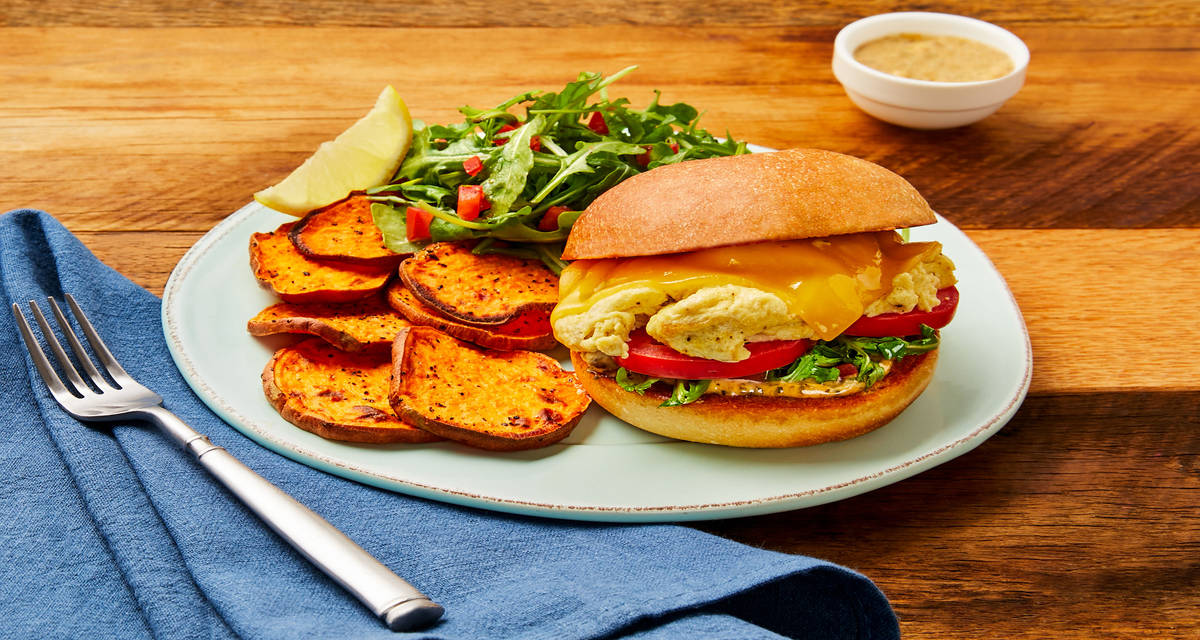 Scrambled Egg Sandos with Gouda, Sweet Potato Rounds & Arugula Salad