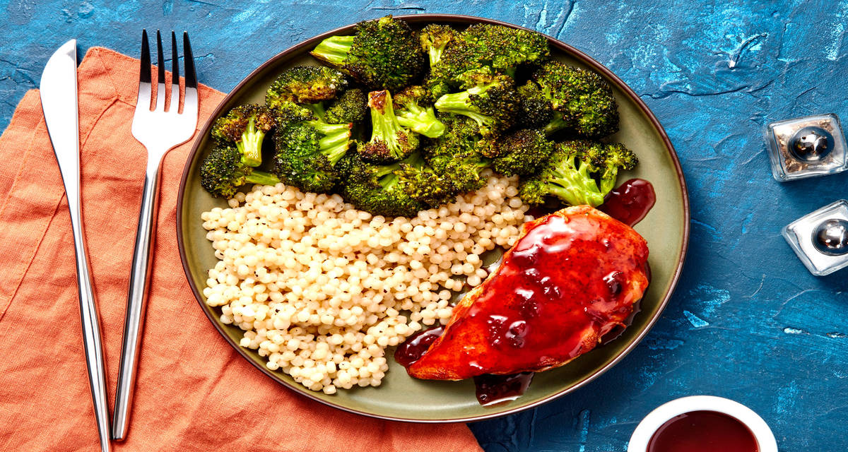 Sweet 'n' Smoky Cherry Chicken with Roasted Broccoli & Israeli Couscous