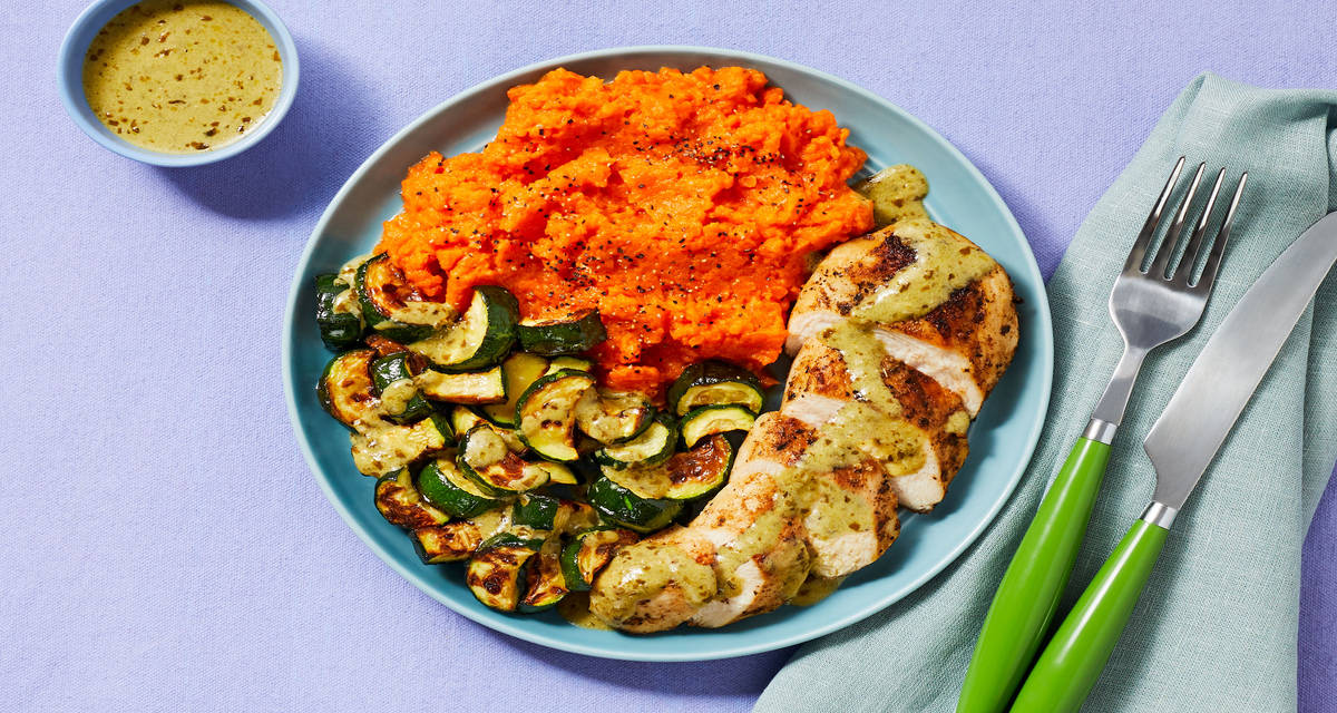Seared Chicken with Creamy Pesto Sauce with Smashed Carrots & Roasted Zucchini