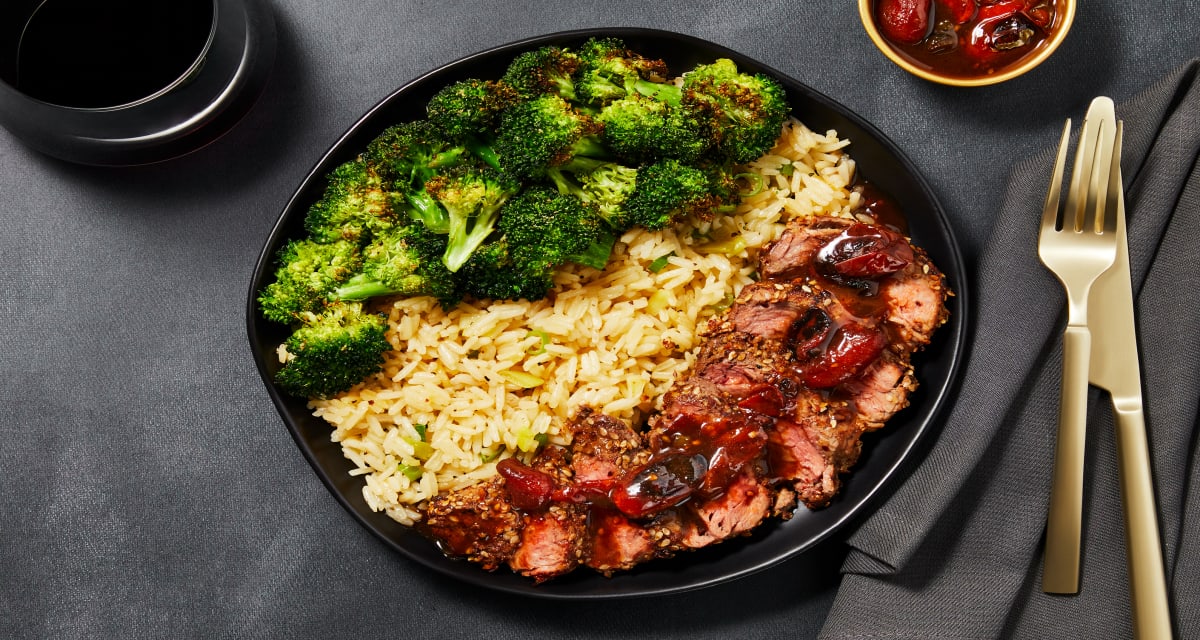 Sesame Chili Beef Tenderloin with Soy Butter Tomatoes, Garlic Broccoli & Ginger Rice-image