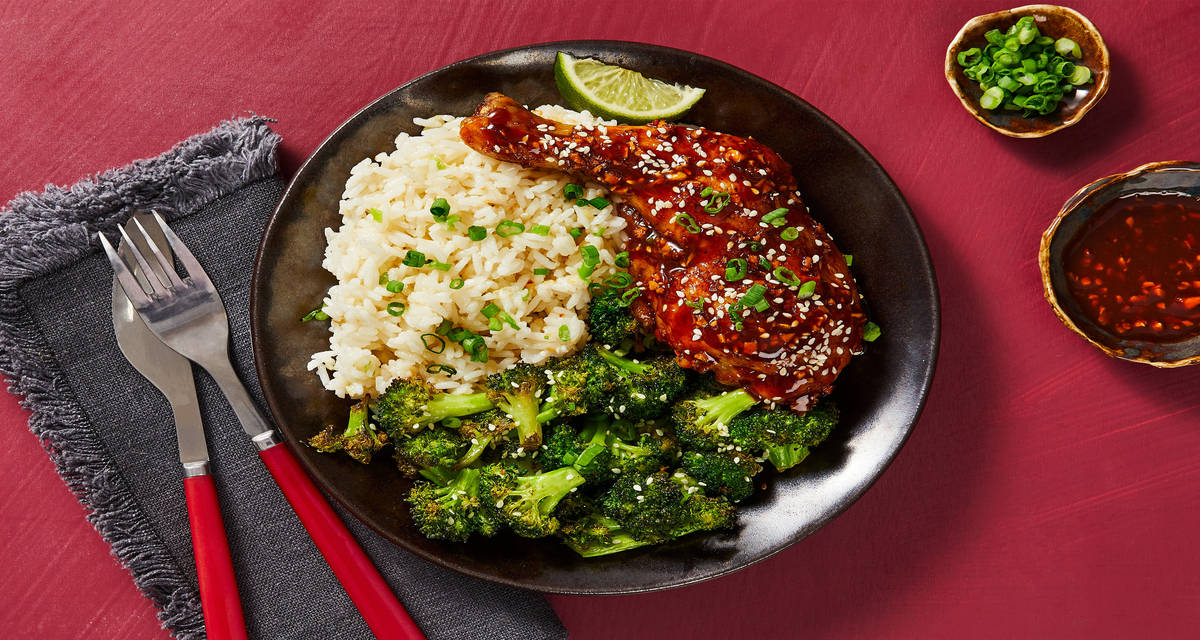 Sesame Hoisin Chicken Legs with Garlic Scallion Rice & Roasted Broccoli