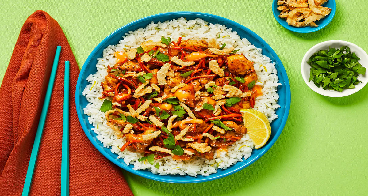 Sesame Soy Chicken Bowls with Chili Mayo, Cilantro & Crispy Onions