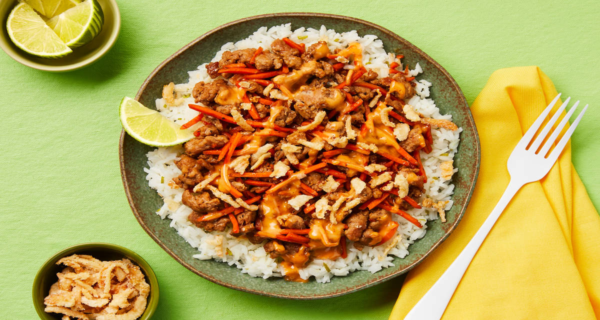 Sesame-Soy Turkey Bowls with Sweet Chili Mayo & Crispy Onions