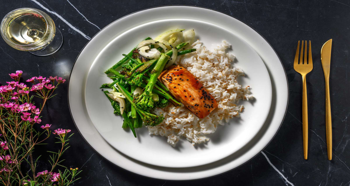 Sesame Teriyaki Salmon on Toasted Coconut Rice with Garlic Sesame Tenderstem® and Green Beans-image