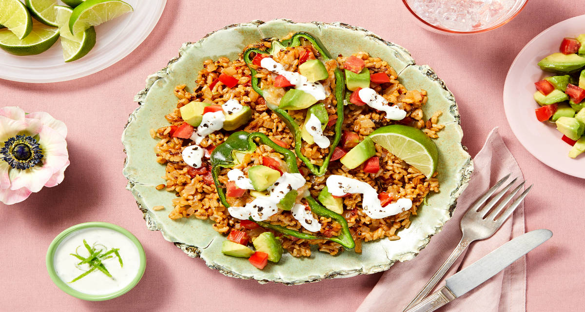 Seven Grain Chiles Rellenos With Avocado Salsa and Zesty Crema