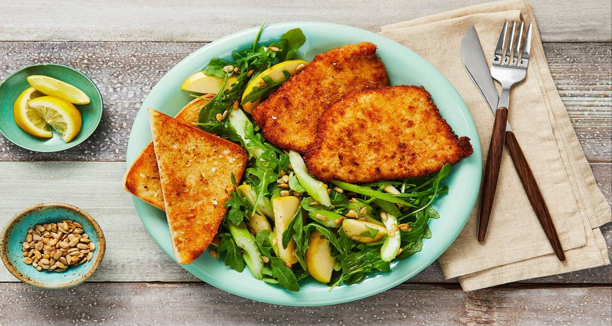 Shake It Up! Pork Cutlets with Garlic Bread and an Apple and Sunflower Seed Salad