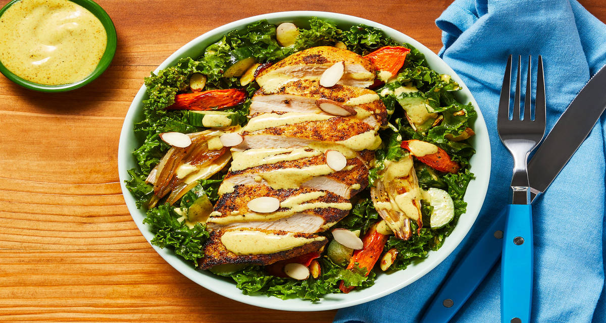 Shawarma-Rama Chicken & Kale Salad with Roasted Veggies, Cucumber & Almonds
