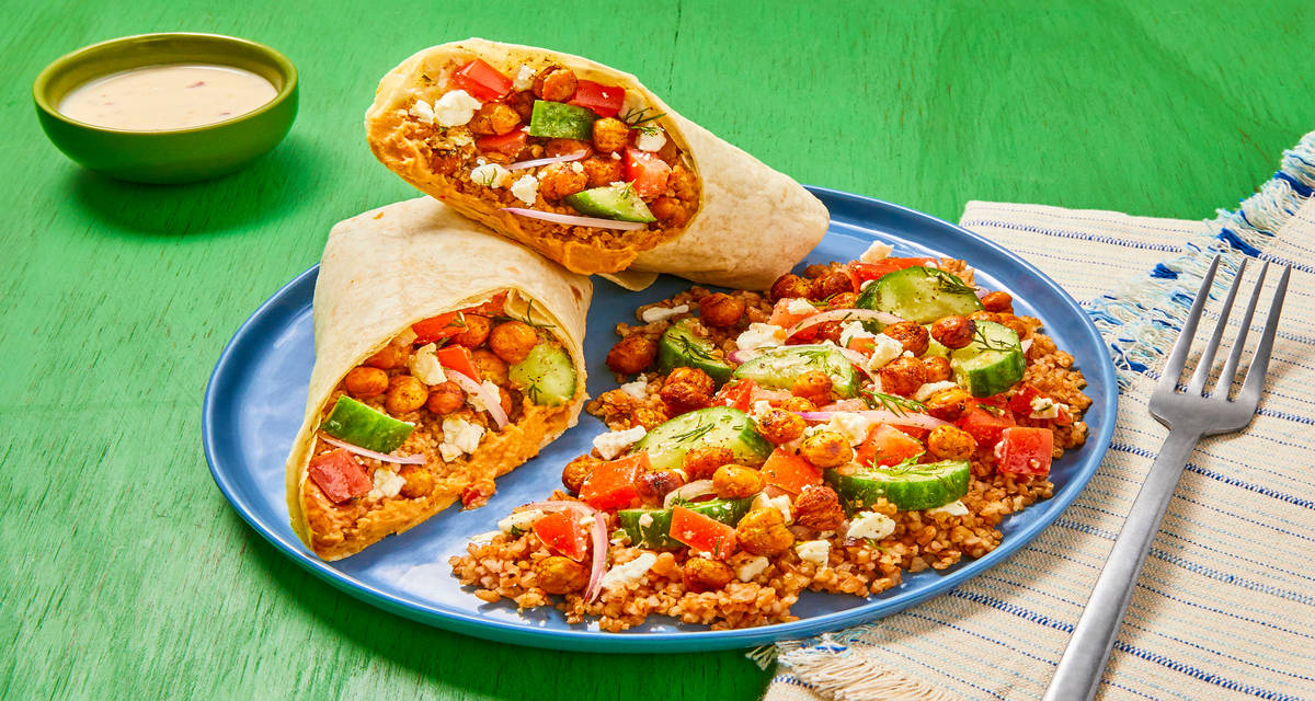 Shawarma-Spiced Chickpea & Bulgur Wraps with Greek Salad & Creamy Feta Dill Sauce