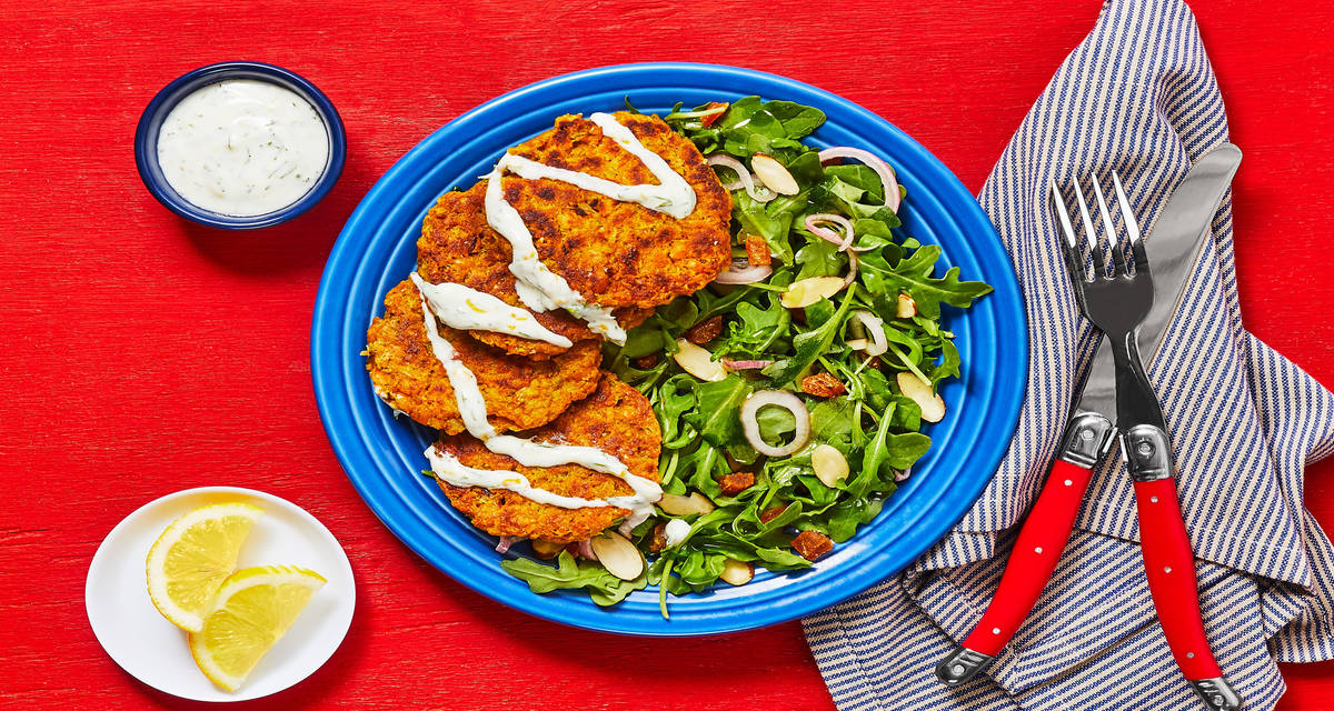 Shawarma-Spiced Chickpea Fritters with Dill Yogurt Sauce plus an Arugula, Almond & Apricot Salad