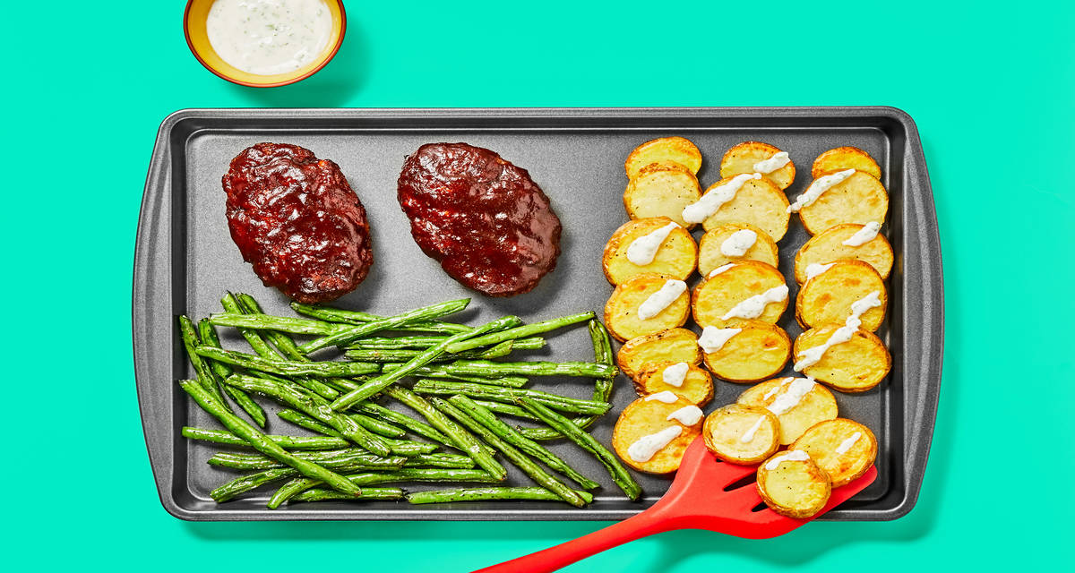 Sheet Pan BBQ Meatloaves with Shingled Potatoes & Roasted Green Beans