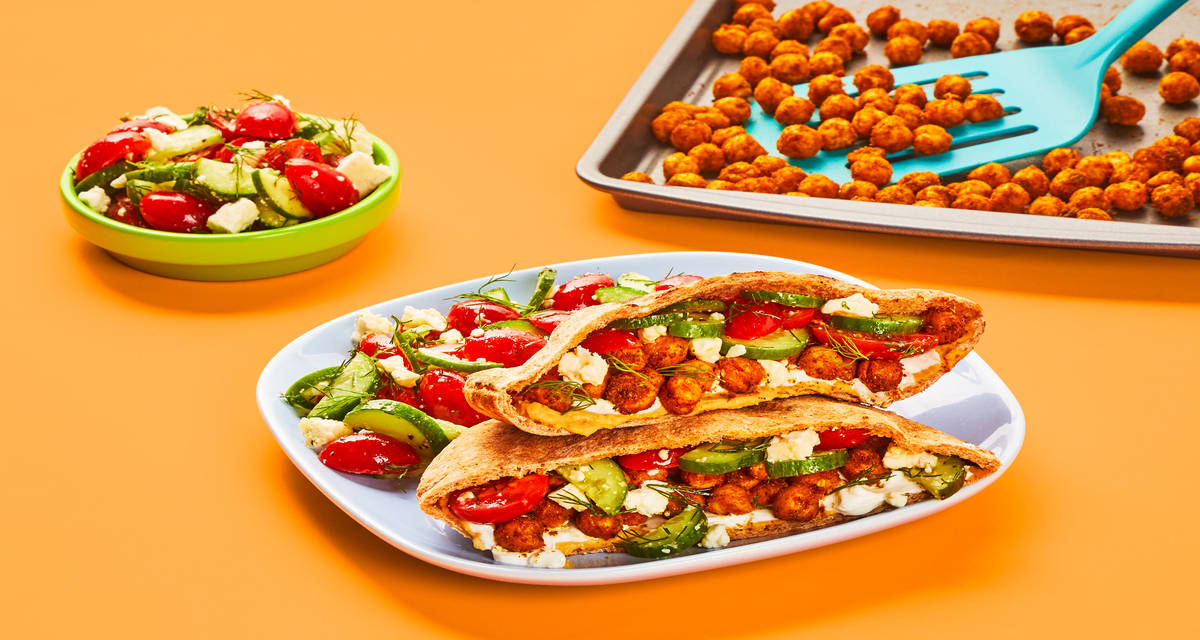 Sheet Pan Chickpea Shawarma Pita Pockets with Hummus & Israeli Veggie Salad