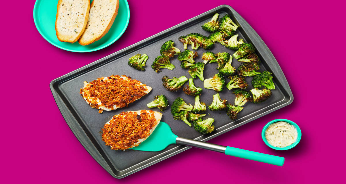 Sheet Pan Parmesan Chicken with Roasted Broccoli & Garlic Bread