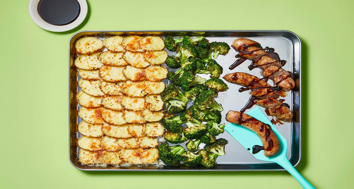 Pork Sausage & Shingled Potatoes with Broccoli & Balsamic Glaze