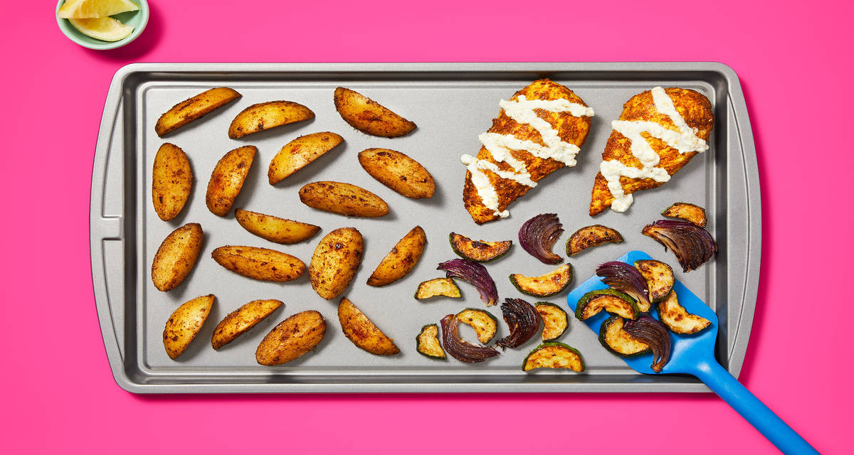 Sheet Pan Spiced Chicken Cutlets with Roasted Vegetables & Lemon Feta Crema