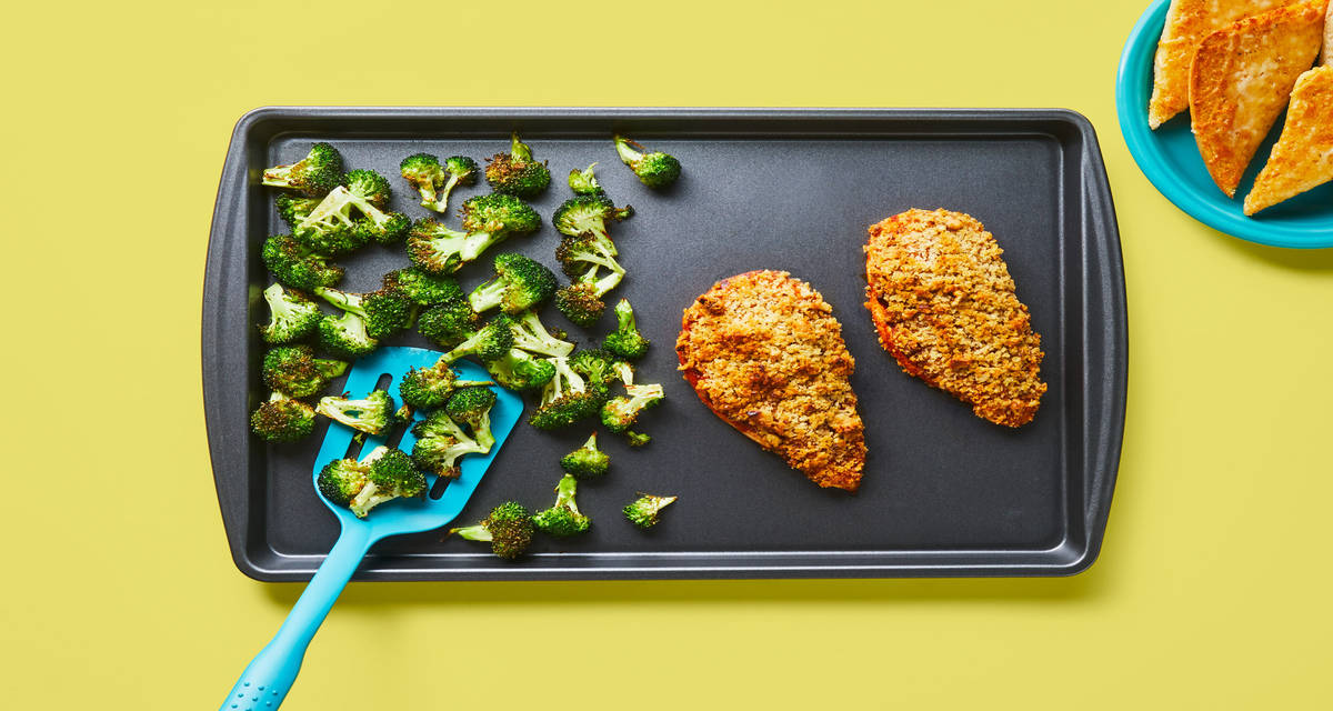Sheet Pan Walnut-Crusted Chicken with Cheesy Ciabatta & Roasted Broccoli