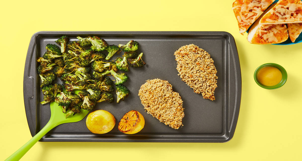 Sheet Pan Walnut-Crusted Chicken with Honey Dijon Sauce, Cheesy Ciabatta & Roasted Broccoli