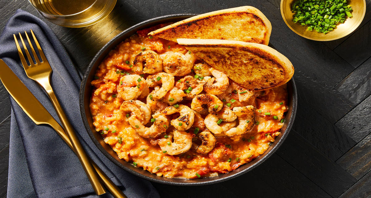 Shrimp and Sun-Dried Tomato Risotto with Garlic Bread