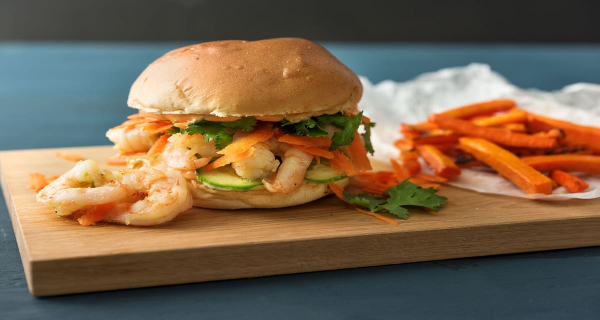 Shrimp Banh Mi Burger with Sriracha Mayo and Carrot Fries-image