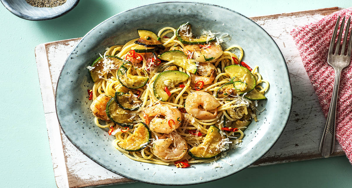 Shrimp Linguine With a Kick with Garlic Herb Butter and Zucchini