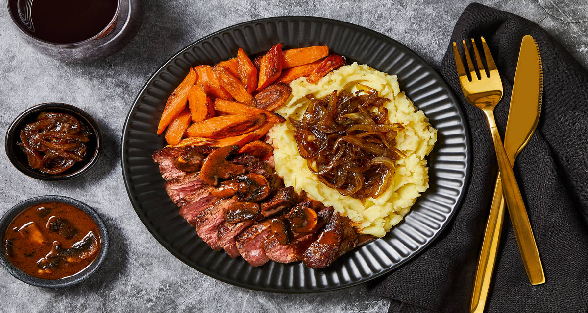 Sirloin in a Mushroom Sauce with Caramelized Onion Mashed Potatoes & Roasted Carrots