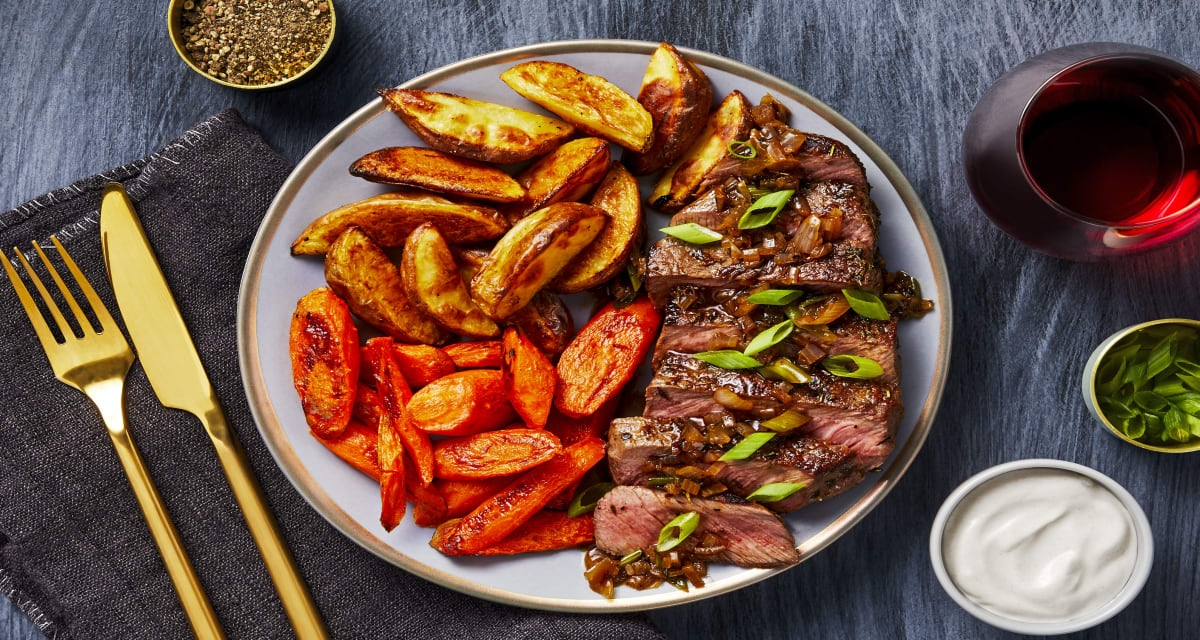 Sirloin Steak Provençal with Truffle Cream, Roasted Carrots, and Potatoes-image