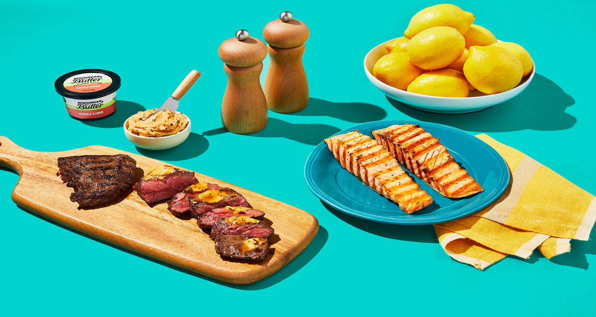Sizzlin’ Steak, Salmon & Chili Lime Butter Great for grilling! | Serves 2 ($9.99/serving)