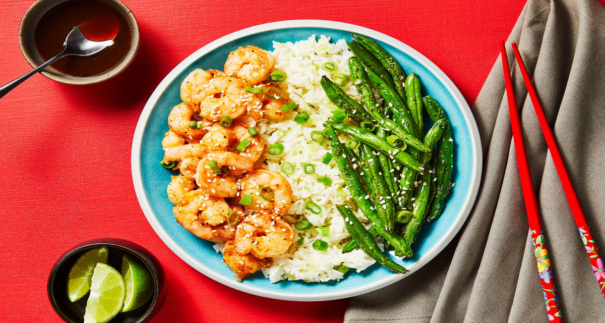 Sizzling Ginger Shrimp with Katsu Sauce plus Scallion Rice & Roasted Green Beans