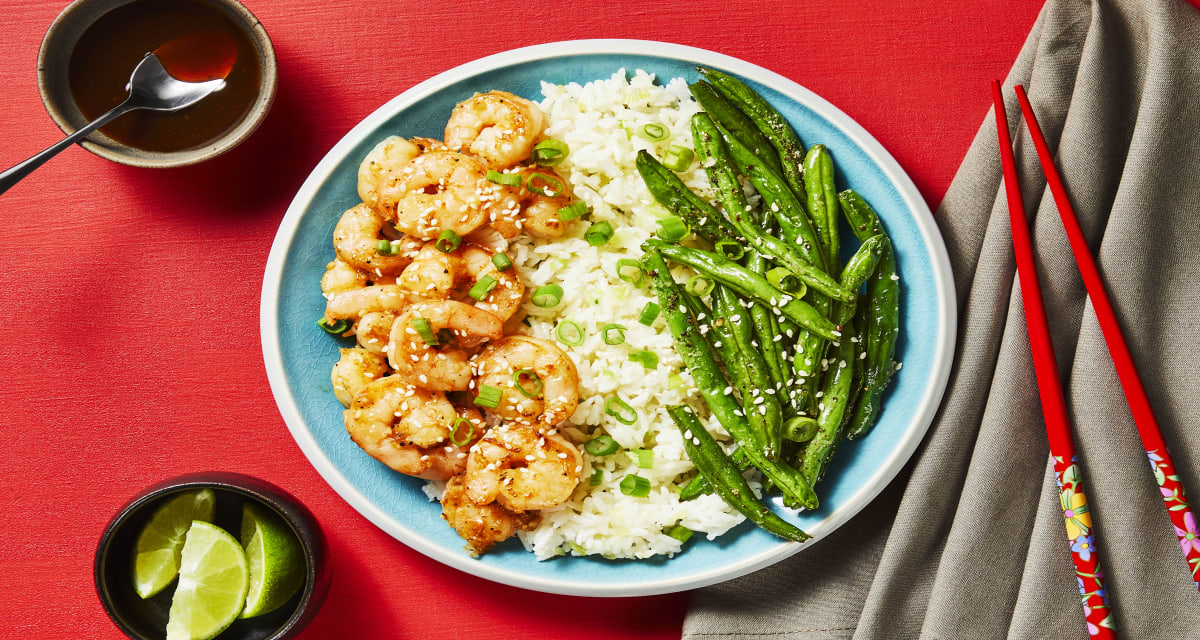 Sizzling Ginger Shrimp with Katsu Sauce plus Scallion Rice & Roasted Green Beans-image