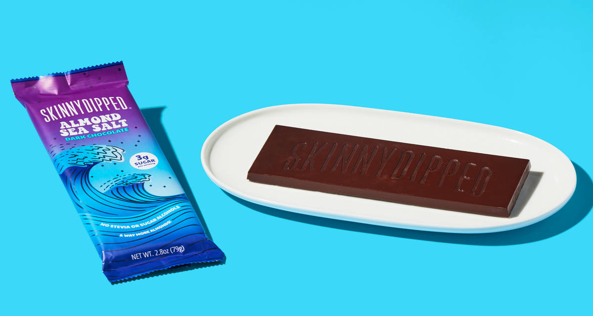 SkinnyDipped Dark Chocolate Almond Sea Salt Bar The skinny on nutty snacking. | 2.8 oz