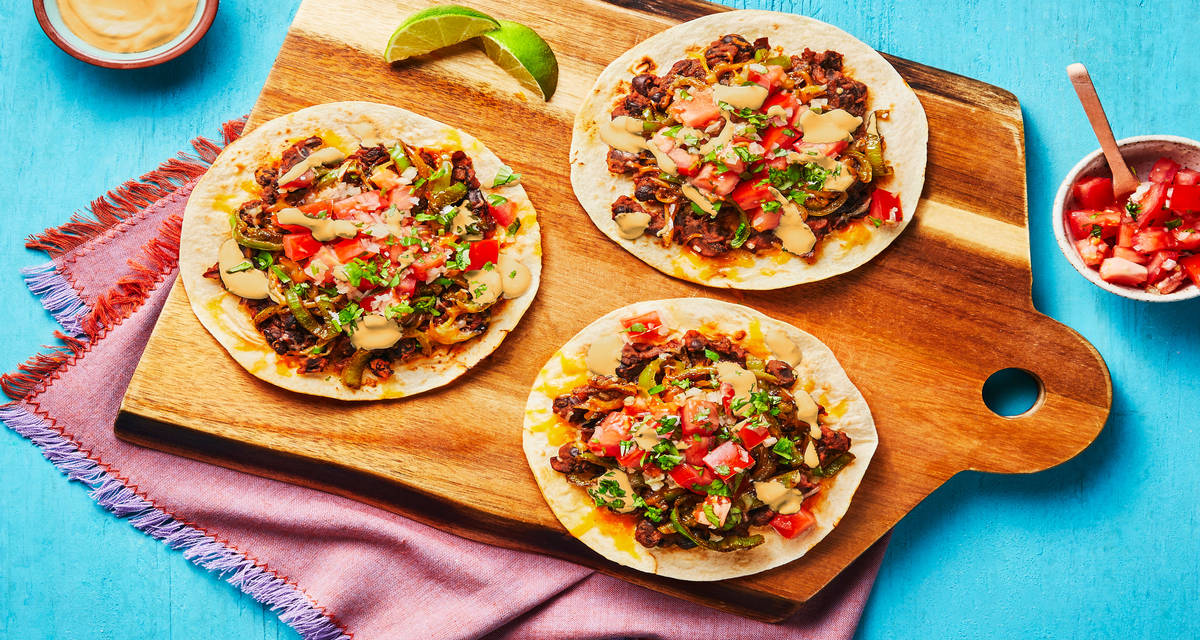 Smashed Black Bean Tostadas with Green Pepper, Pico de Gallo & Vegan Chipotle Lime Sauce