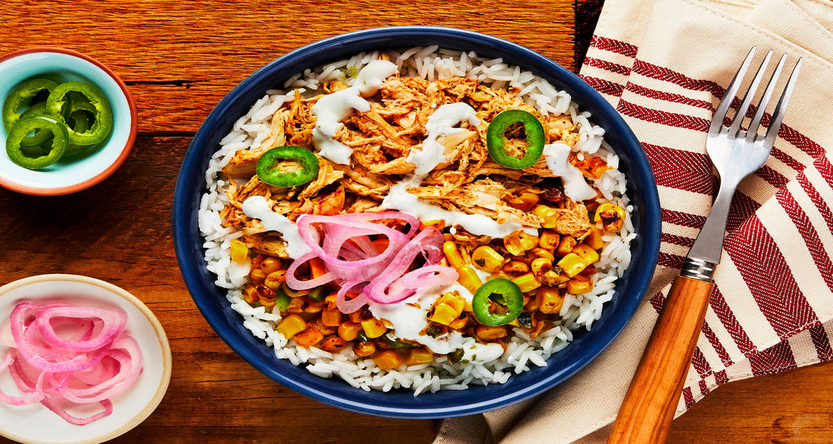 Smokehouse Pulled Chicken Bowls with Buttery Jalapeño Corn, Pickled Shallot & Lime Crema