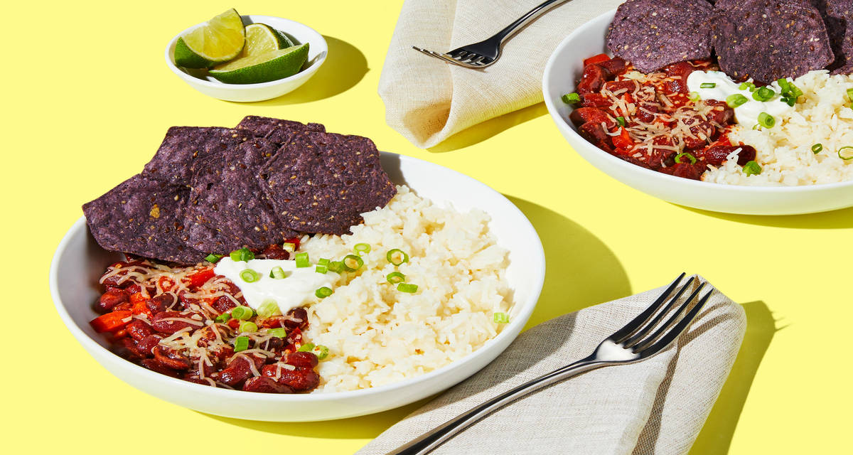 Smoky BBQ Bean & Rice Bowls with Monterey Jack, Sour Cream & Tortilla Chips