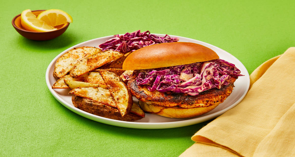 Smoky Chicken Caesar Sandwiches with Slaw & Roasted Potato Wedges