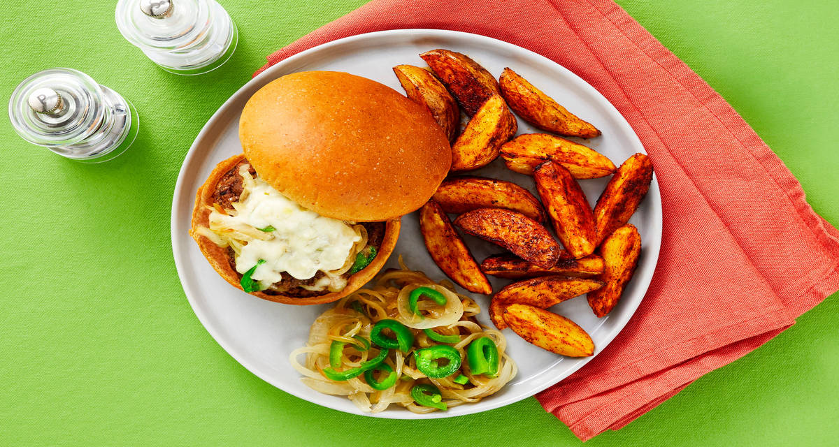 Smothered Pepper Jack Burgers with BBQ Potato Wedges