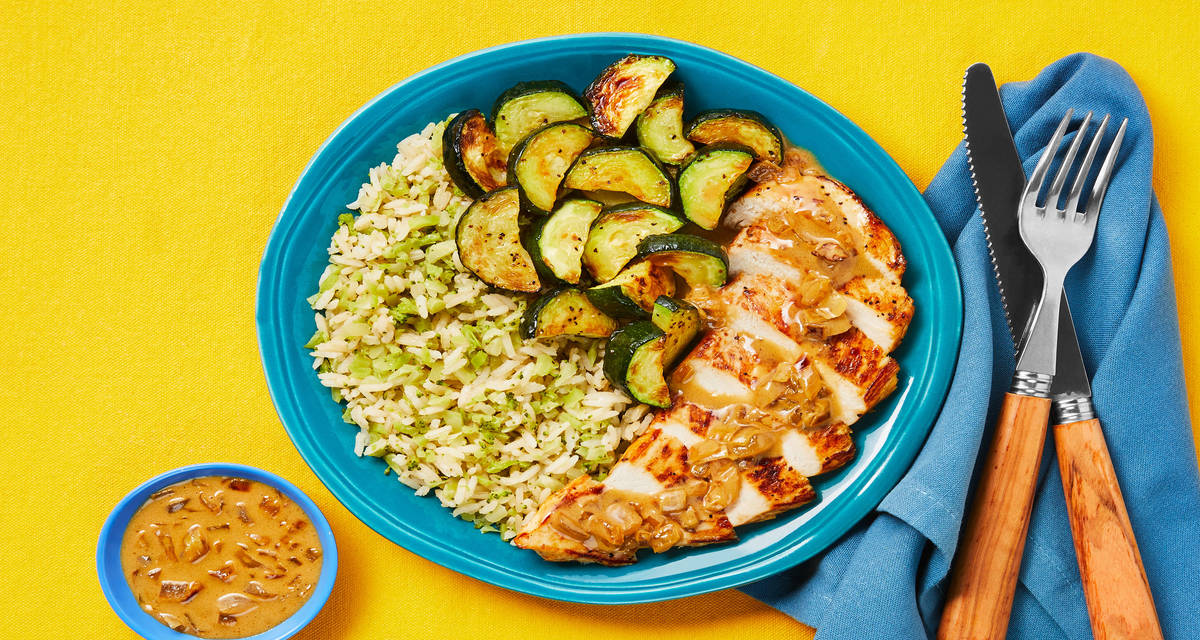 Sour Cream ‘N’ Onion Chicken with Broccoli Rice & Roasted Zucchini