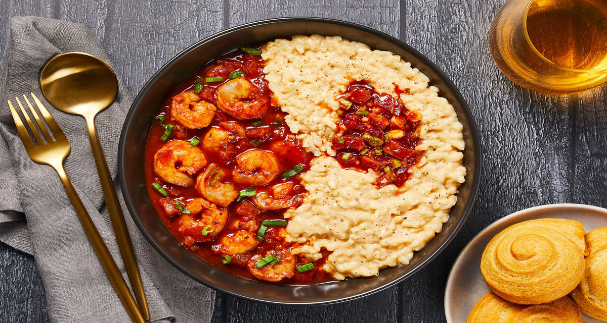 Southern-Style Shrimp & Cheesy Rice with Cornbread Swirls & Bacon Jam