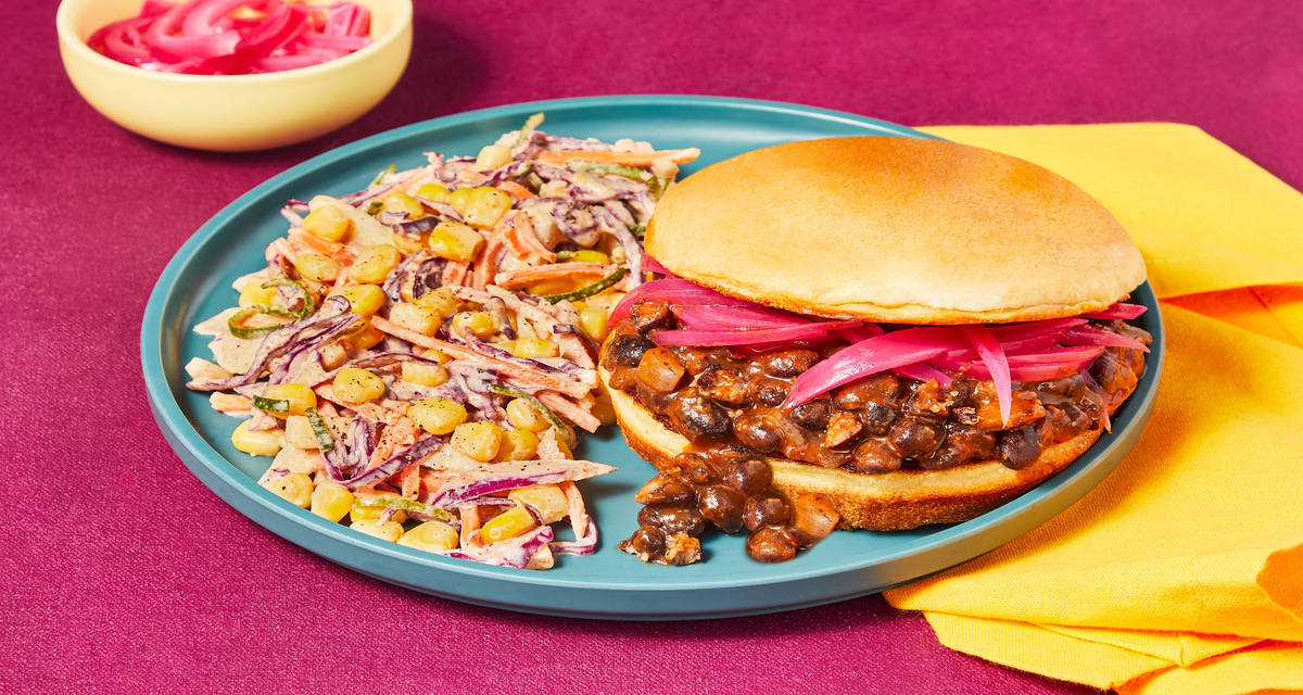 Southwest Black Bean Messy Janes with Pickled Red Onion & Creamy Corn Slaw