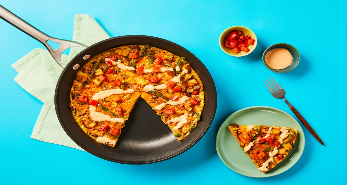 Southwest Potato & Bell Pepper Frittata with Cheddar, Tomato & Hot Sauce Crema
