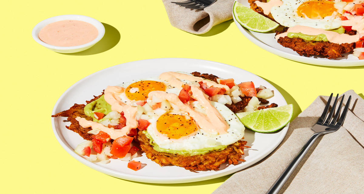 Southwest Potato Fritters with Fried Eggs with Creamy Guacamole, Pico de Gallo & Red Pepper Crema | 2 Servings