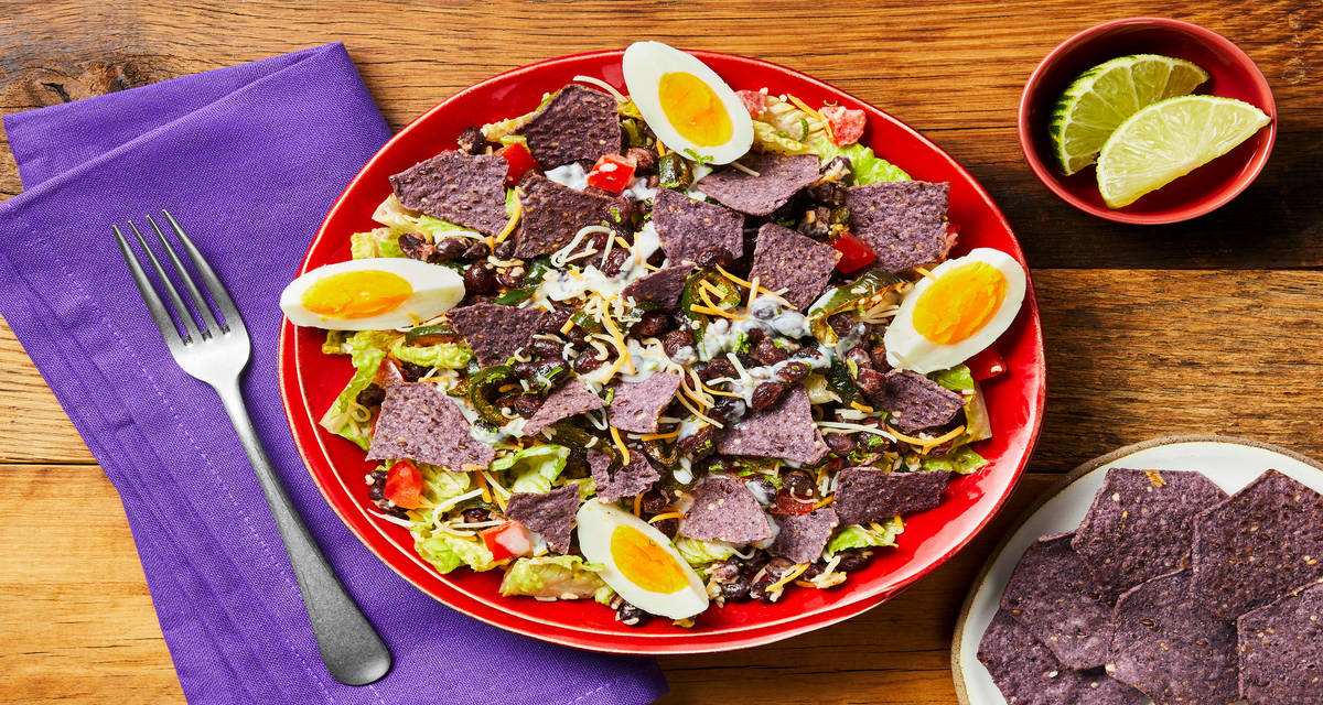 Southwest Salad with Lime-Ranch Dressing with Eggs, Spiced Black Beans & Tortilla chips