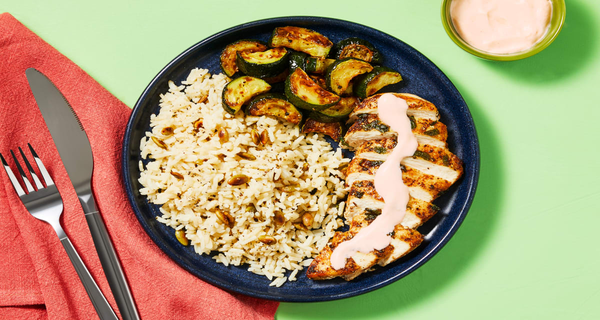 Southwest-Spiced Chicken & Cumin Rice with Roasted Zucchini, Smoky Crema & Toasted Pepitas-image