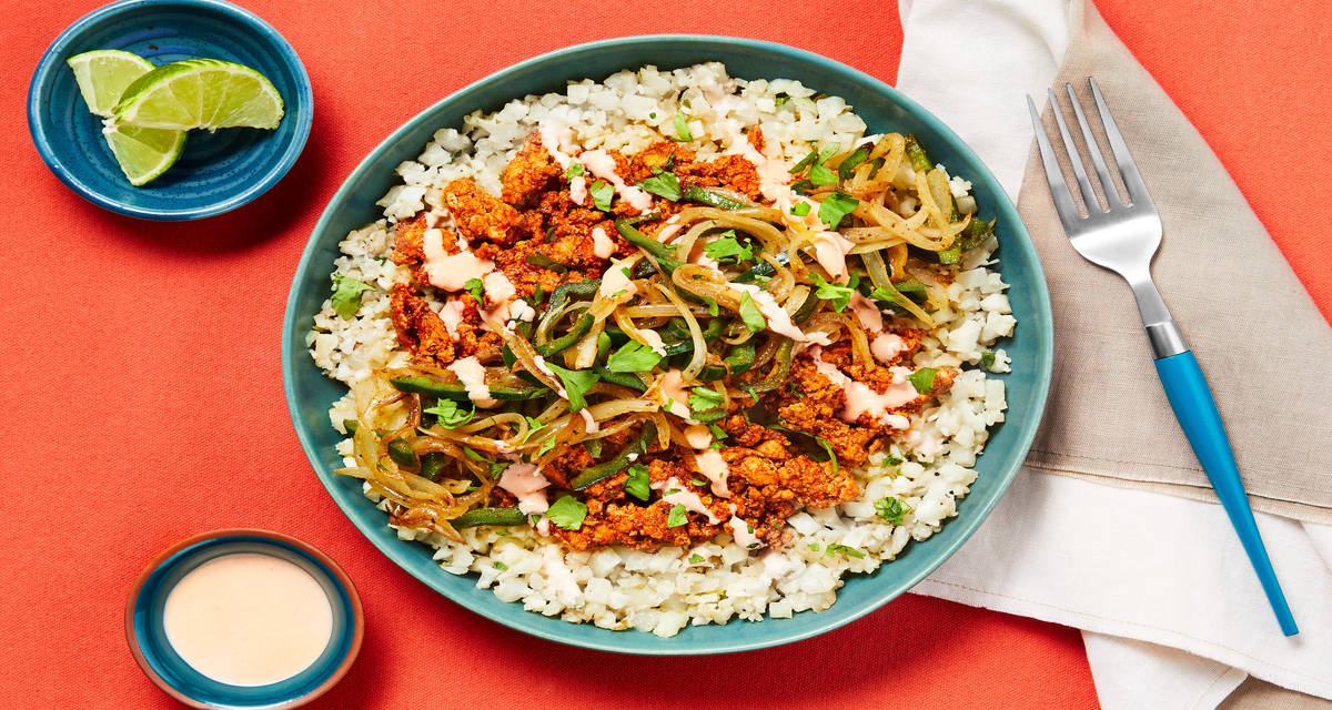 Southwest Turkey & Cauliflower Rice with Poblano & Smoky Red Pepper Crema