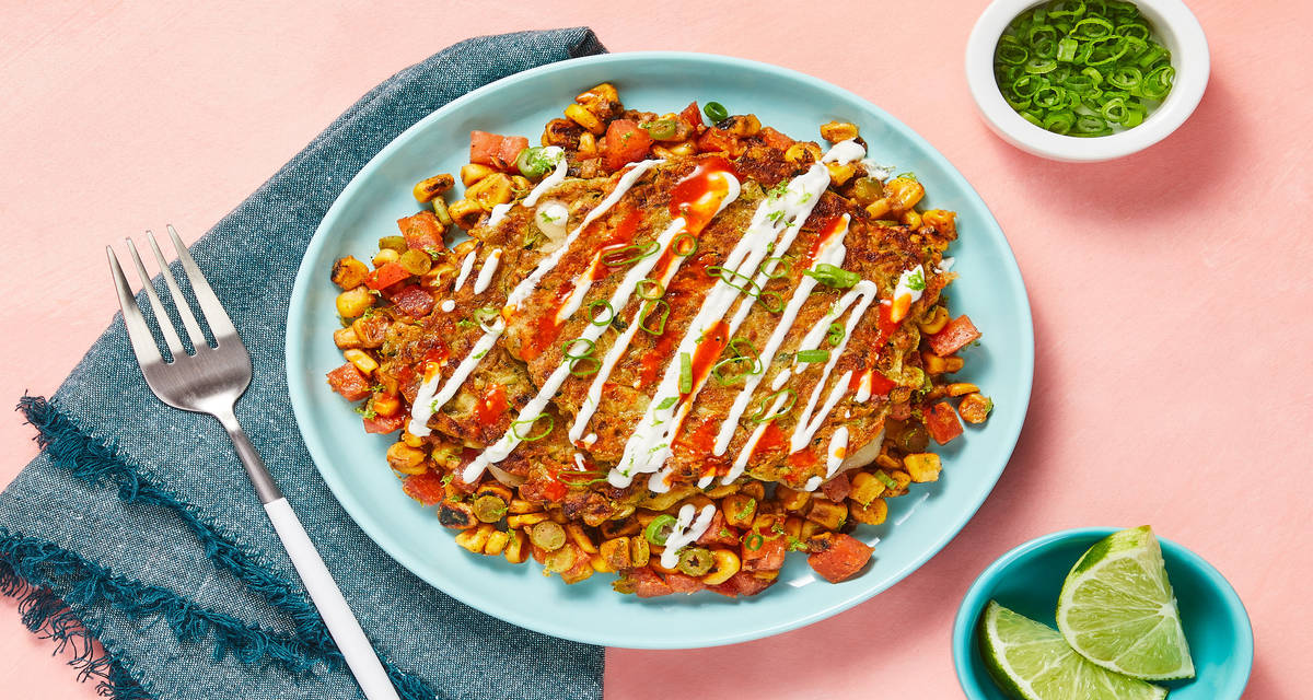 Southwest Zucchini Patties with Charred Corn Salad, Lime Crema & Hot Sauce