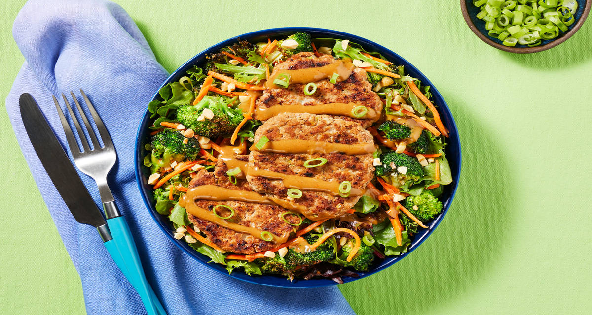 Soy Ginger Pork Patties with Roasted Broccoli Salad and Chili Peanut Dressing