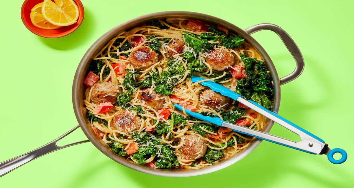 Spaghetti and Turkey Meatballs with Parmesan, Kale & Tomatoes