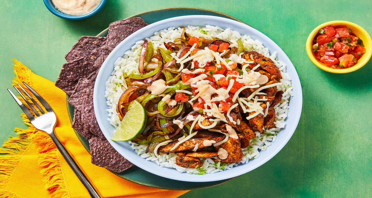 Spec‘Taco’lar Chicken Rice Bowls with Blue Corn Tortilla Chips, Pico de Gallo & Chili Lime Crema