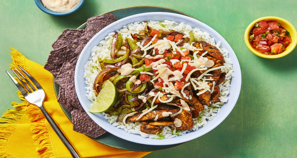 Spec‘Taco’lar Chicken Rice Bowls with Blue Corn Tortilla Chips, Pico de Gallo & Chili Lime Crema-image
