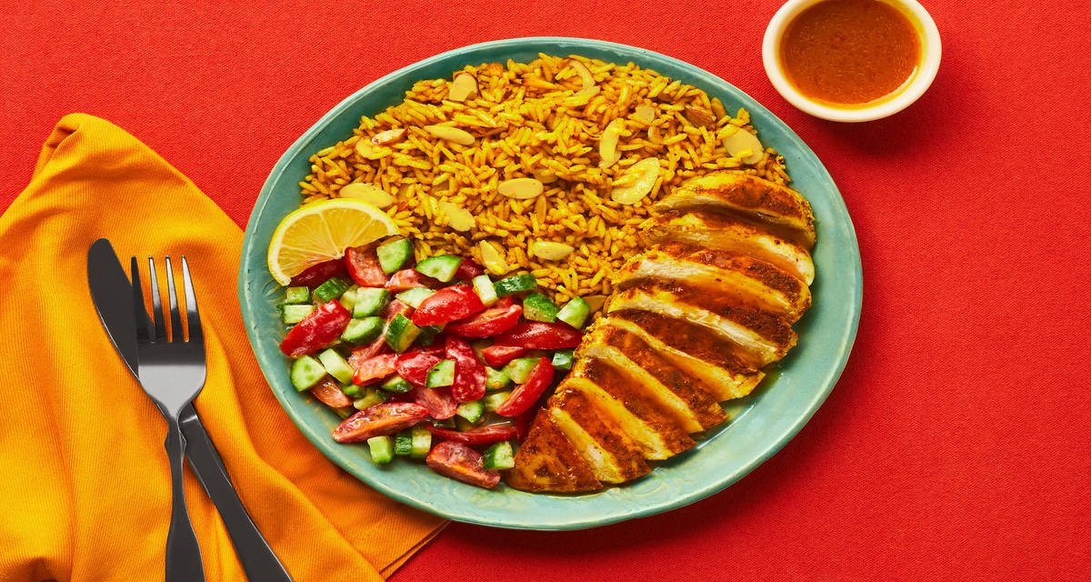 Spiced Chicken In Apricot Sauce with Almond Rice, Cucumber Salad & Lemon Yogurt Dressing